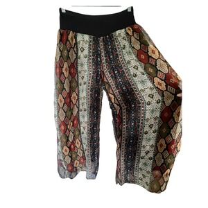 Scandal Italy Silk Wide Leg Palazzo Pants Boho Tile Print Black Waistband